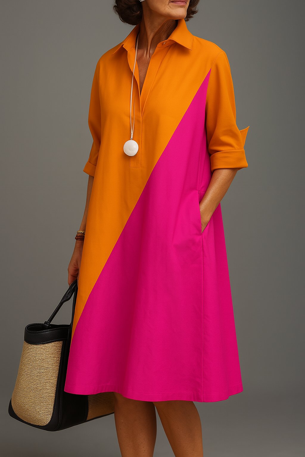 Midi Kleid Colorblock Diagonal V-Ausschnitt Baumwolle