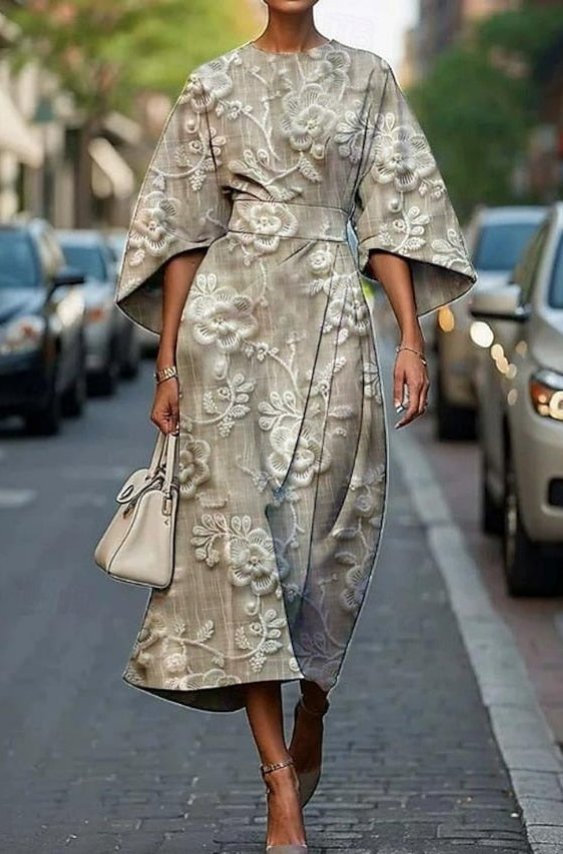Midi Kleid Kimono Ärmel Gürtel Stickerei Seide - Beige