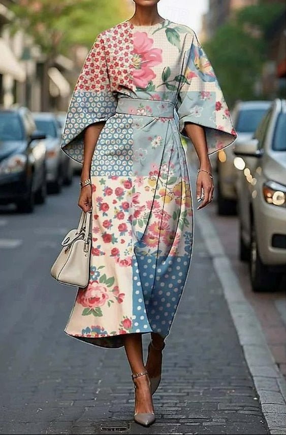 Midi Kleid Kimono Ärmel Gürtel Stickerei Seide - Light Blue