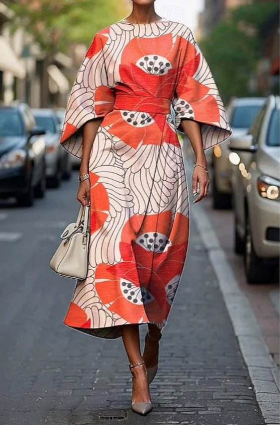 Midi Kleid Kimono Ärmel Gürtel Stickerei Seide - Orange