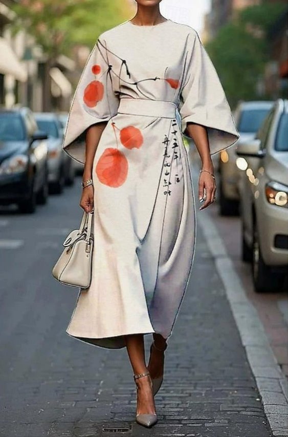 Midi Kleid Kimono Ärmel Gürtel Stickerei Seide - Off White