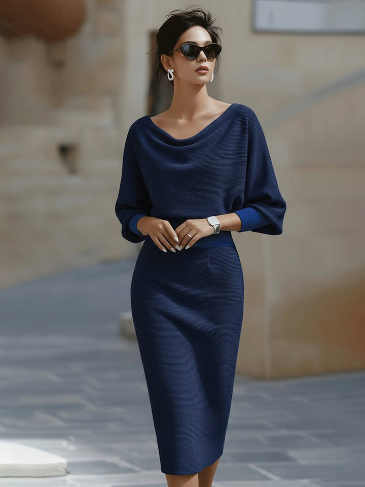 Midi Kleid Satin Wasserfallausschnitt Fledermausärmel - Navy