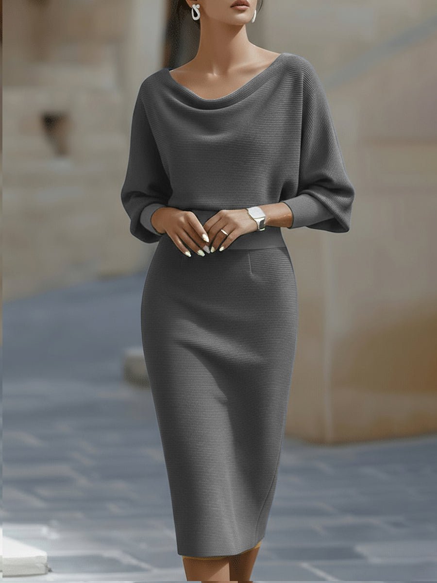 Midi Kleid Satin Wasserfallausschnitt Fledermausärmel - Gray