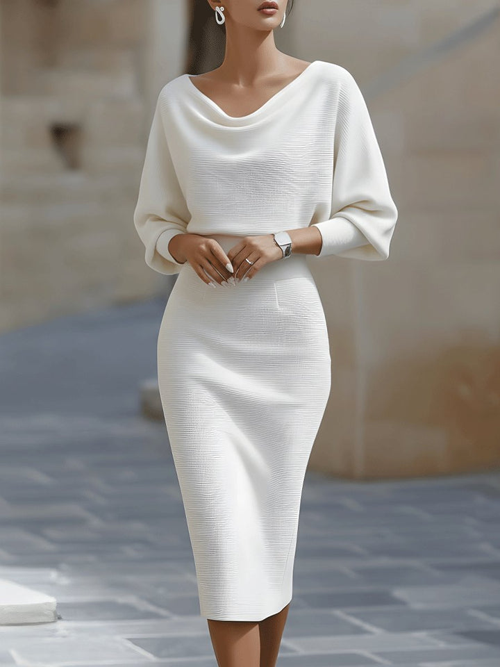 Midi Kleid Satin Wasserfallausschnitt Fledermausärmel - White
