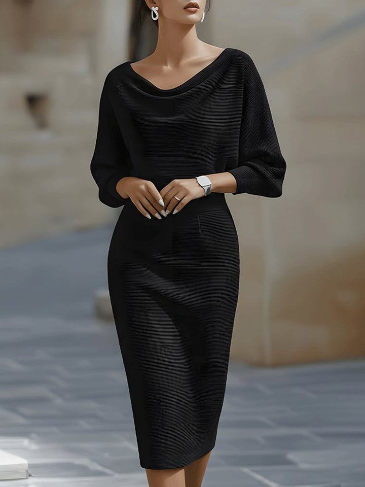 Midi Kleid Satin Wasserfallausschnitt Fledermausärmel - Black
