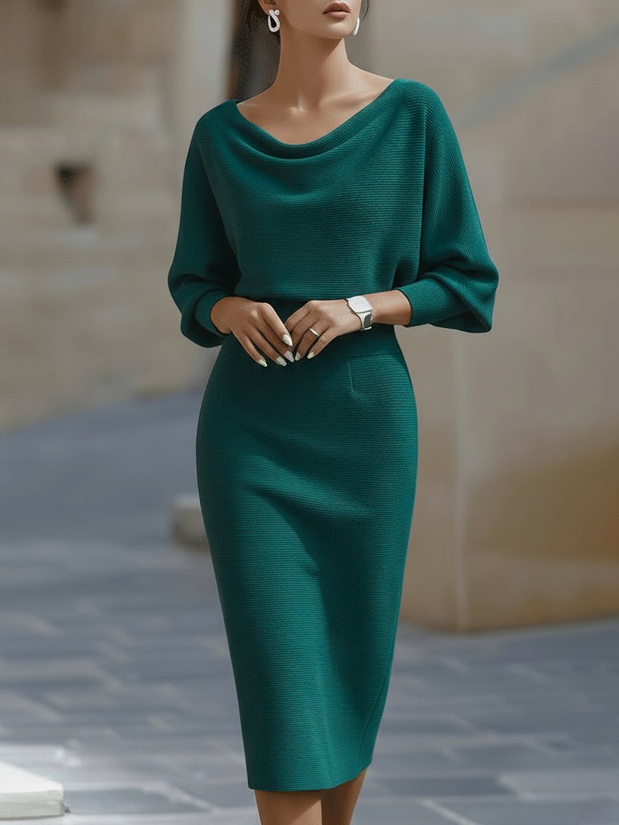 Midi Kleid Satin Wasserfallausschnitt Fledermausärmel - Teal Blue