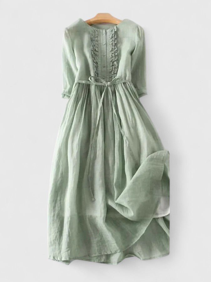 Midi Kleid Schnürung Baumwolle Leinenkleid Langarm - Green