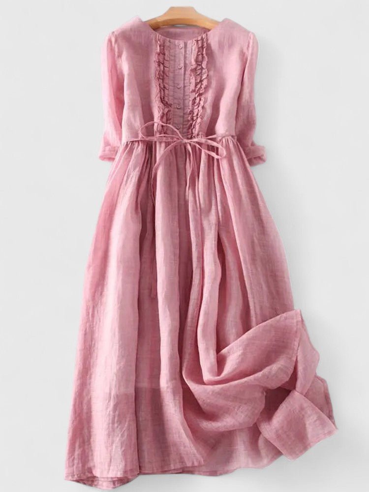 Midi Kleid Schnürung Baumwolle Leinenkleid Langarm - Pink