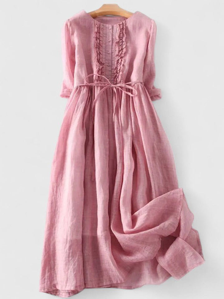 Midi Kleid Schnürung Baumwolle Leinenkleid Langarm - Pink
