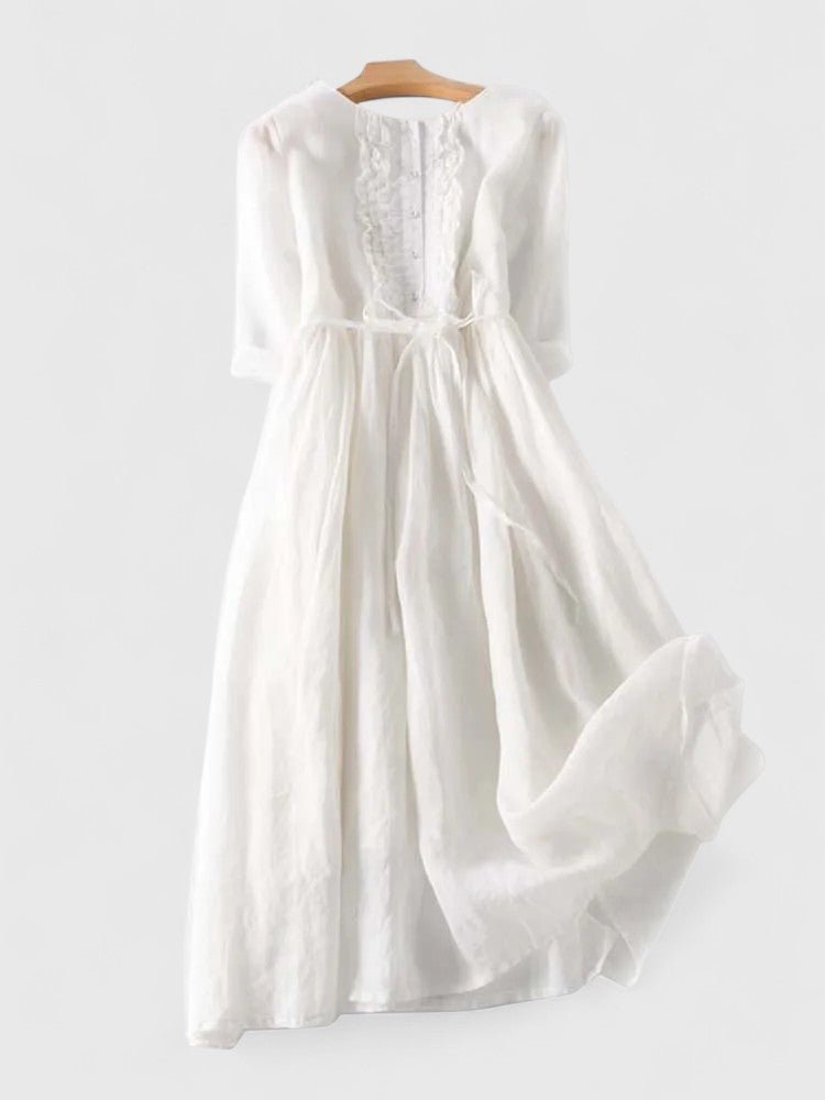 Midi Kleid Schnürung Baumwolle Leinenkleid Langarm - White