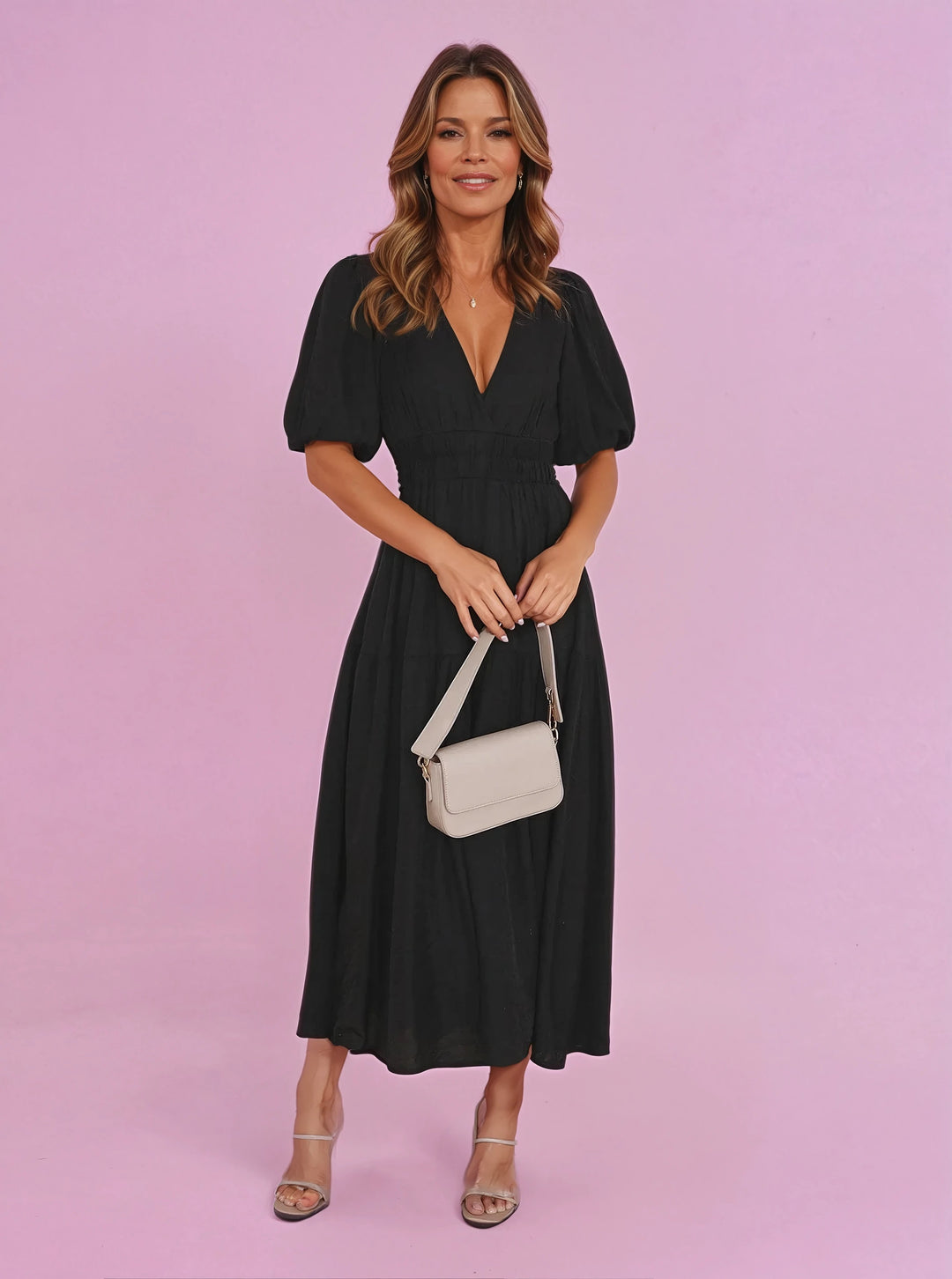 Midi Kleid V-Ausschnitt Puffärmel Tailliert