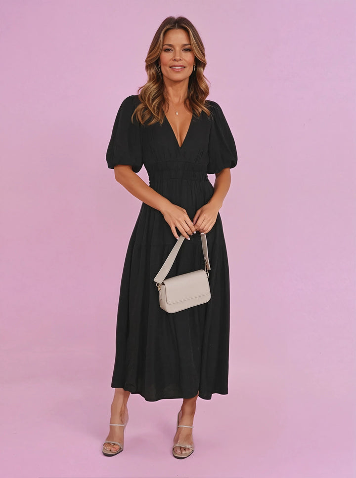 Midi Kleid V-Ausschnitt Puffärmel Tailliert