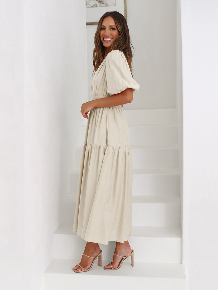 Midi Kleid V-Ausschnitt Puffärmel Tailliert