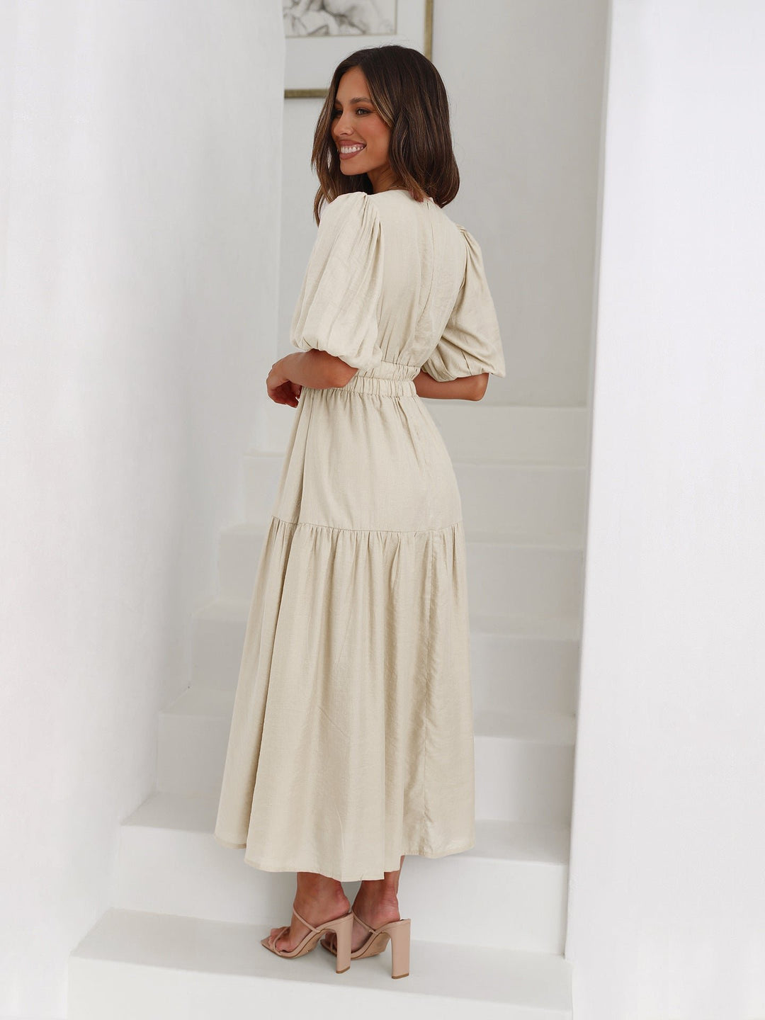 Midi Kleid V-Ausschnitt Puffärmel Tailliert