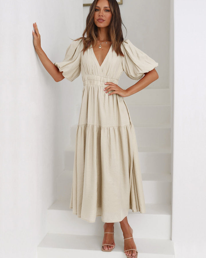 Midi Kleid V-Ausschnitt Puffärmel Tailliert - Cream