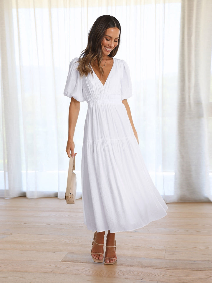 Midi Kleid V-Ausschnitt Puffärmel Tailliert - White