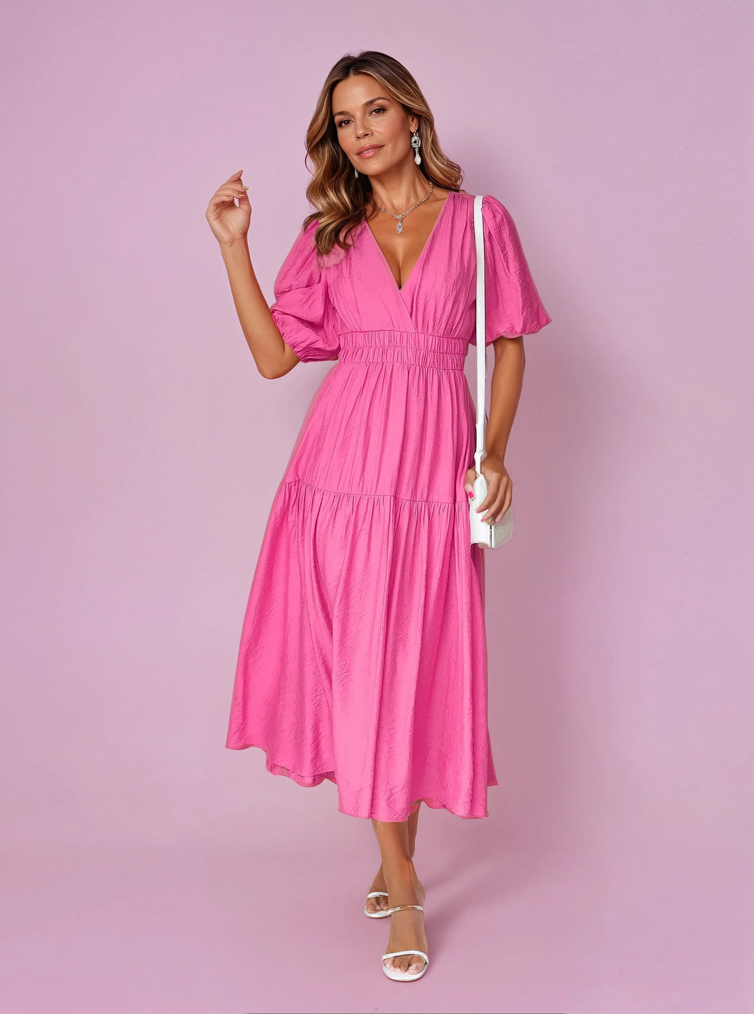 Midi Kleid V-Ausschnitt Puffärmel Tailliert