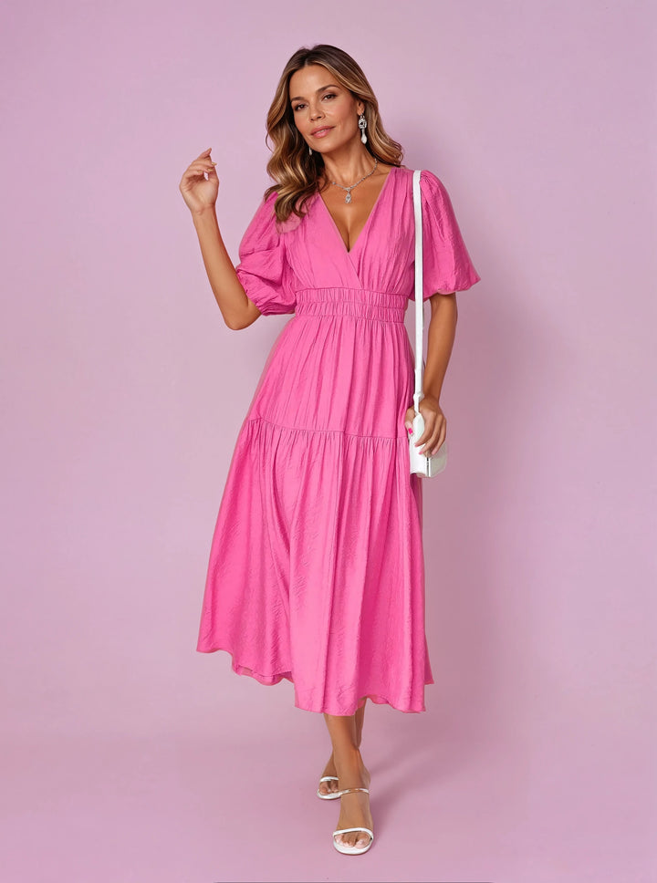 Midi Kleid V-Ausschnitt Puffärmel Tailliert