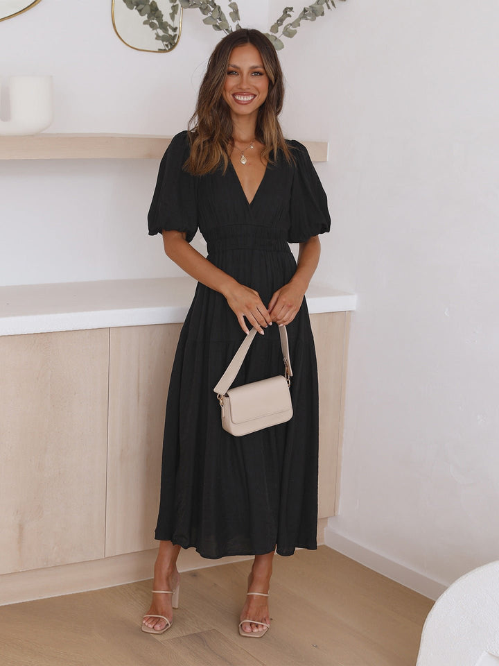 Midi Kleid V-Ausschnitt Puffärmel Tailliert - Black