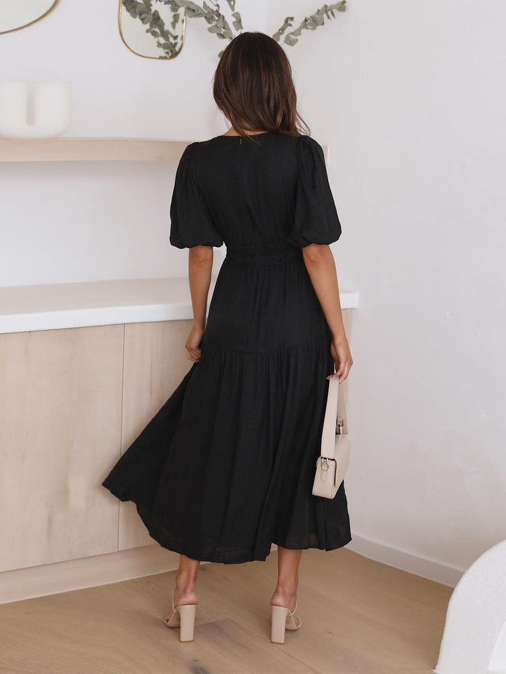 Midi Kleid V-Ausschnitt Puffärmel Tailliert
