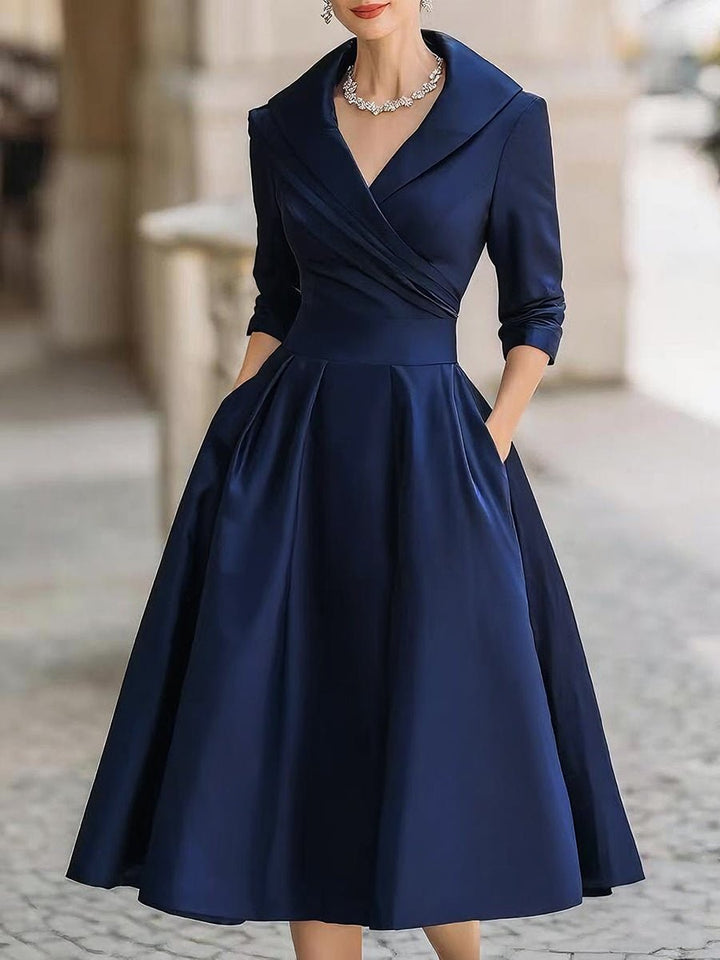 Midi Kleid V-Ausschnitt Wickelstil Elegant - Blue