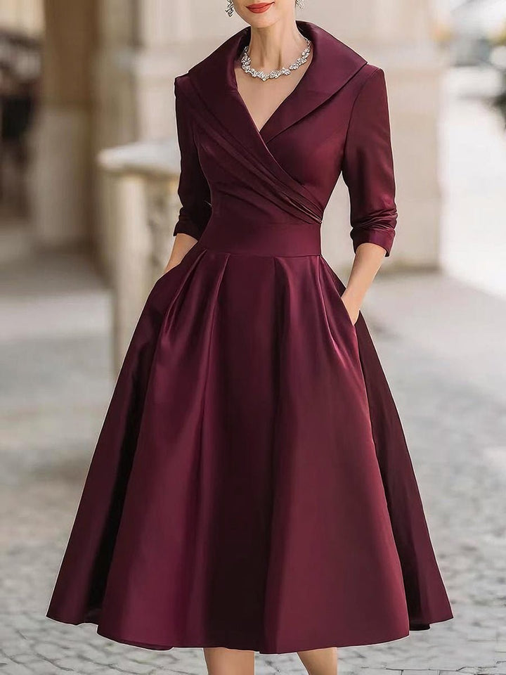 Midi Kleid V-Ausschnitt Wickelstil Elegant - Burgundy