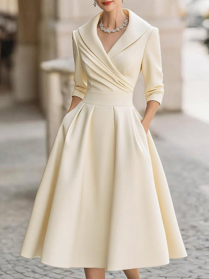 Midi Kleid V-Ausschnitt Wickelstil Elegant - Beige