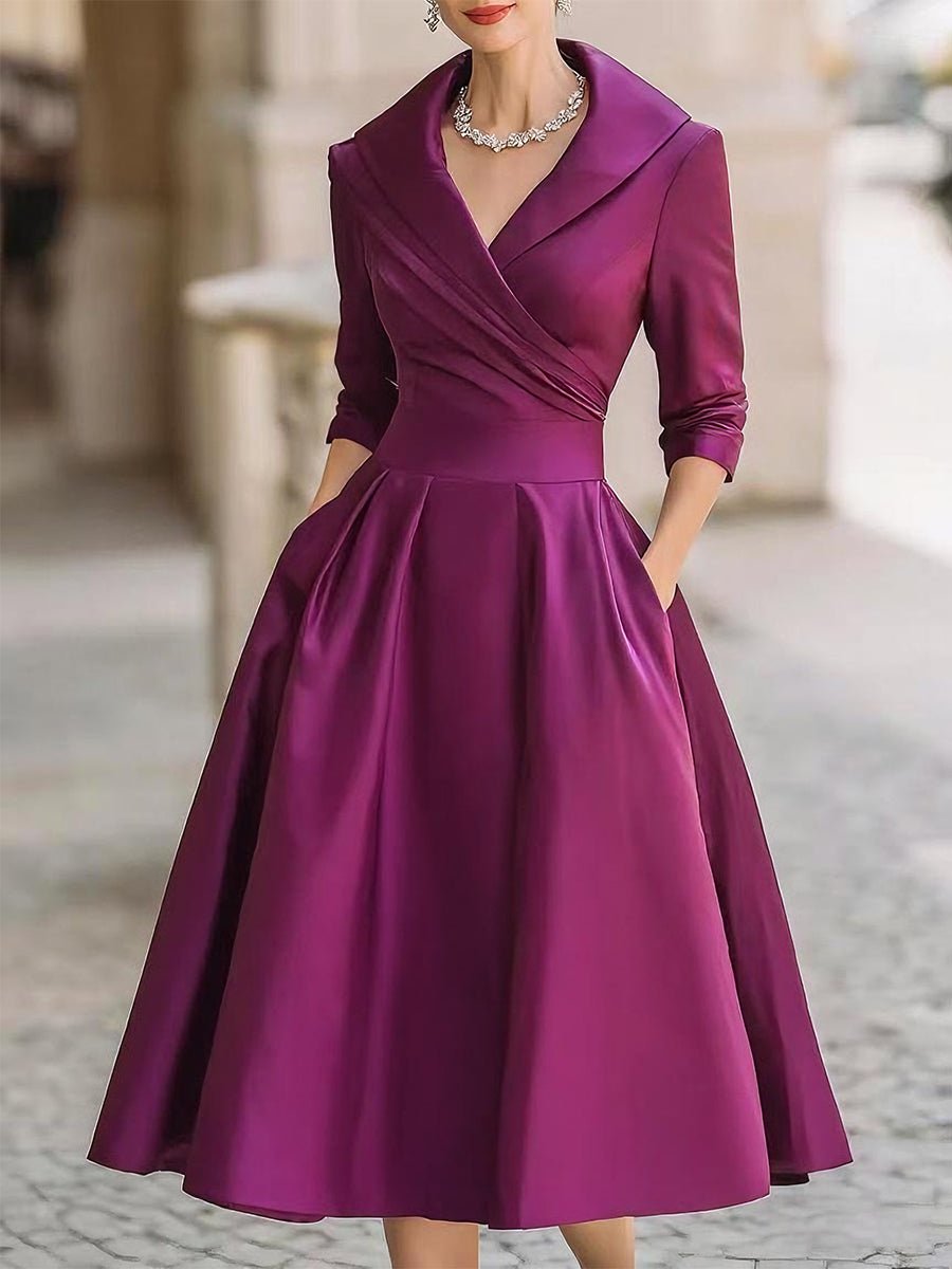 Midi Kleid V-Ausschnitt Wickelstil Elegant - Purple