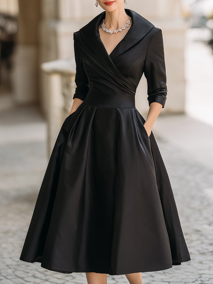 Midi Kleid V-Ausschnitt Wickelstil Elegant - Black