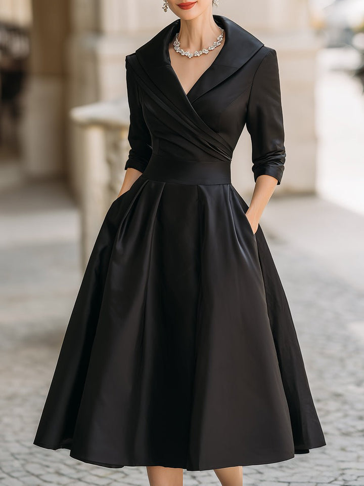 Midi Kleid V-Ausschnitt Wickelstil Elegant - Black
