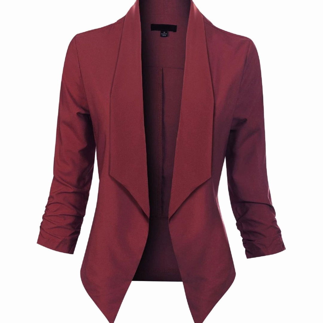 Offene Damen-Langarm-Blazer mit Wasserfallkragen gerafften Ärmeln - Rot