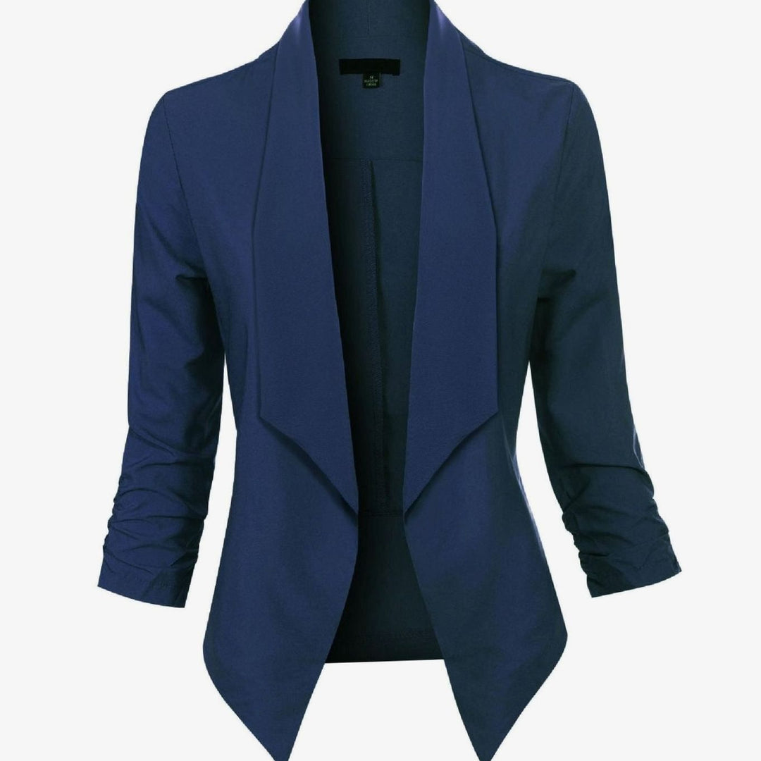 Offene Damen-Langarm-Blazer mit Wasserfallkragen gerafften Ärmeln - Marineblau