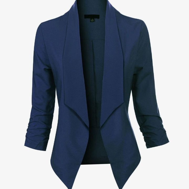 Offene Damen-Langarm-Blazer mit Wasserfallkragen gerafften Ärmeln - Marineblau
