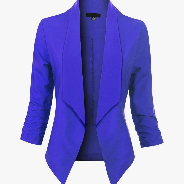Offene Damen-Langarm-Blazer mit Wasserfallkragen gerafften Ärmeln - Blau