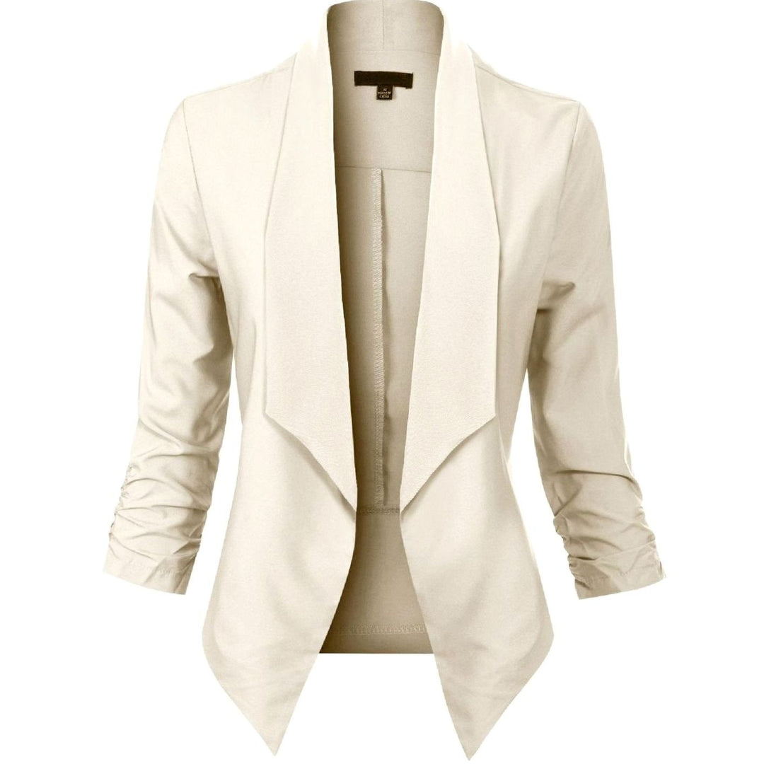 Offene Damen-Langarm-Blazer mit Wasserfallkragen gerafften Ärmeln - Khaki
