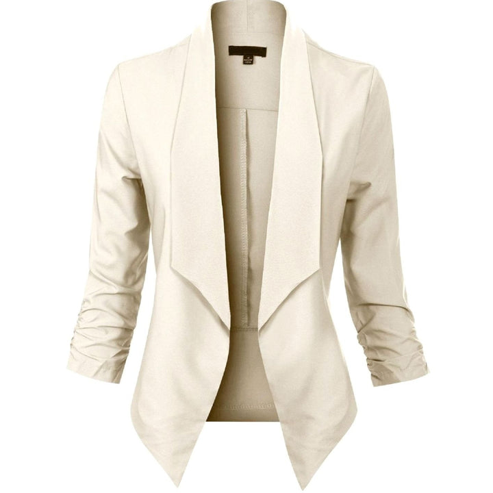 Offene Damen-Langarm-Blazer mit Wasserfallkragen gerafften Ärmeln - Khaki