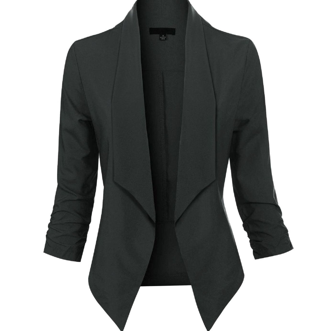 Offene Damen-Langarm-Blazer mit Wasserfallkragen gerafften Ärmeln - Schwarz