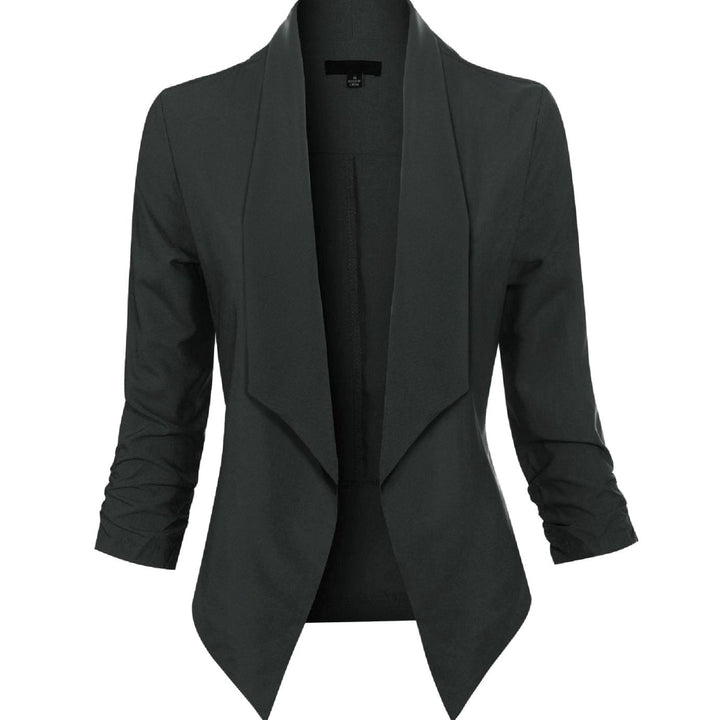 Offene Damen-Langarm-Blazer mit Wasserfallkragen gerafften Ärmeln - Schwarz