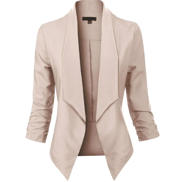 Offene Damen-Langarm-Blazer mit Wasserfallkragen gerafften Ärmeln - Beige