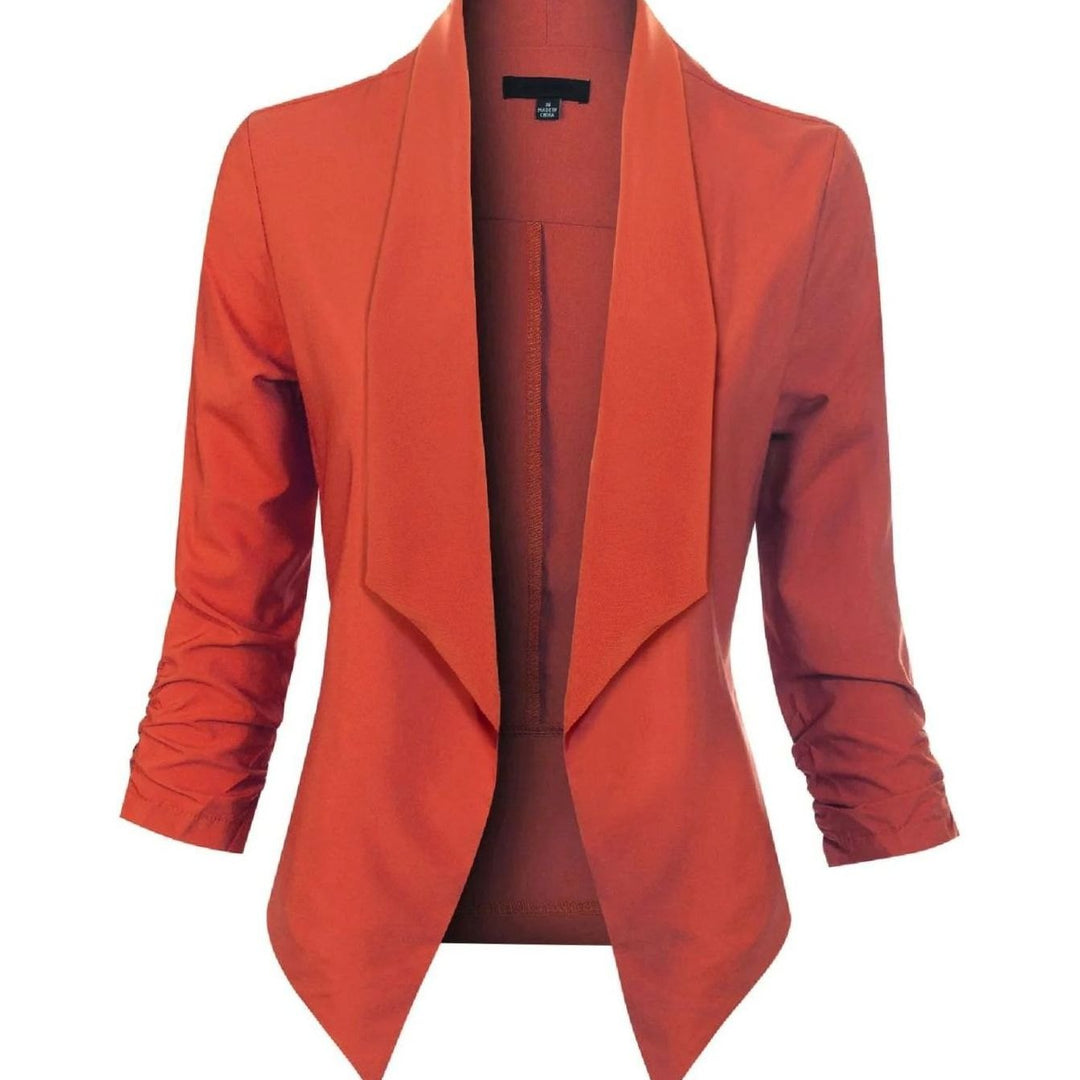 Offene Damen-Langarm-Blazer mit Wasserfallkragen gerafften Ärmeln - Orange