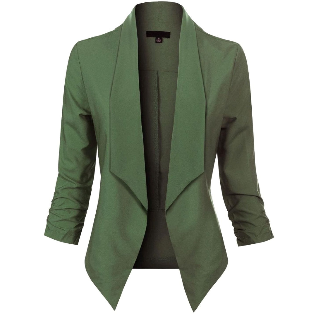 Offene Damen-Langarm-Blazer mit Wasserfallkragen gerafften Ärmeln - Grün