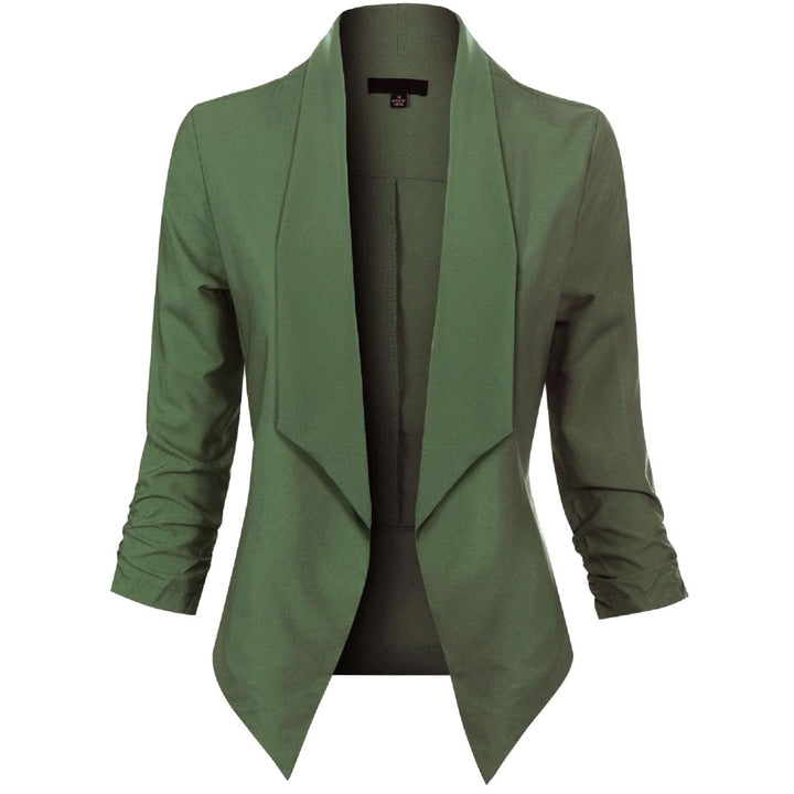 Offene Damen-Langarm-Blazer mit Wasserfallkragen gerafften Ärmeln - Grün
