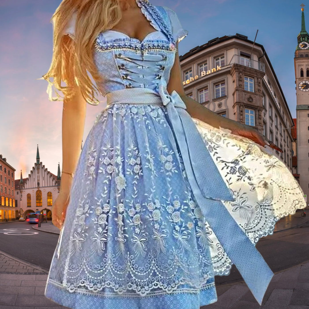 Oktoberfest Dirndlkleid Damen Traditionell Hellblau Spitzenschürze