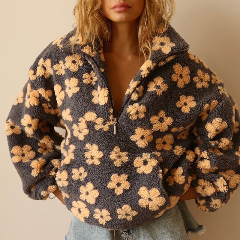 Oversized Teddy Fleece Jacke Blumenmuster Halbzip - Yellow