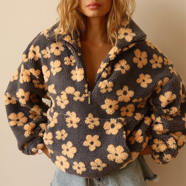 Oversized Teddy Fleece Jacke Blumenmuster Halbzip - Yellow