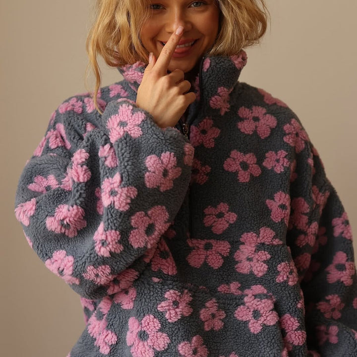 Oversized Teddy Fleece Jacke Blumenmuster Halbzip - Pink