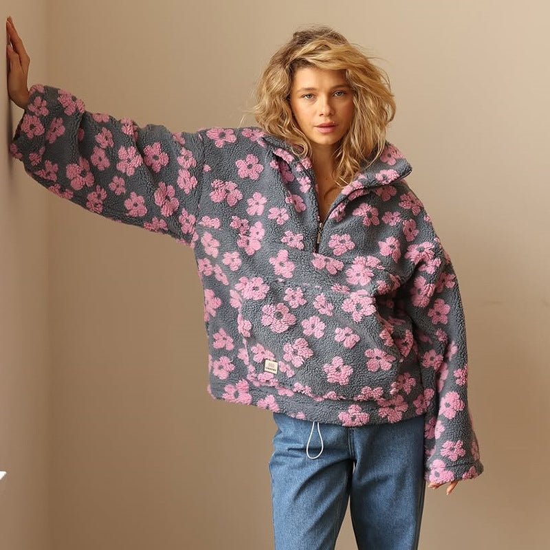 Oversized Teddy Fleece Jacke Blumenmuster Halbzip