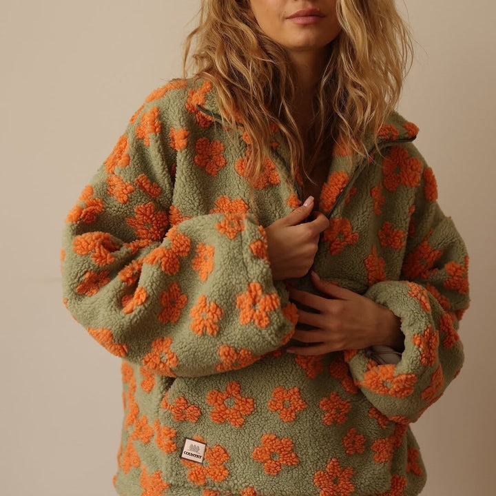 Oversized Teddy Fleece Jacke Blumenmuster Halbzip - Orange