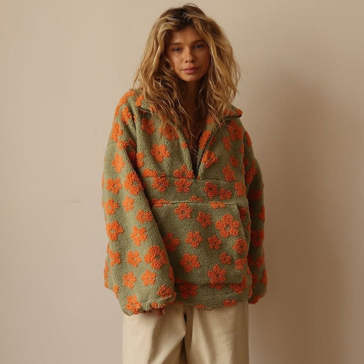 Oversized Teddy Fleece Jacke Blumenmuster Halbzip