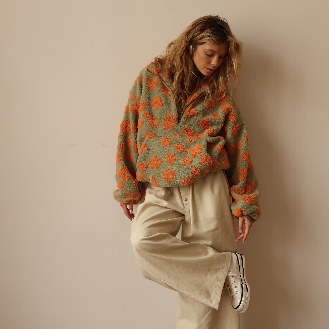 Oversized Teddy Fleece Jacke Blumenmuster Halbzip